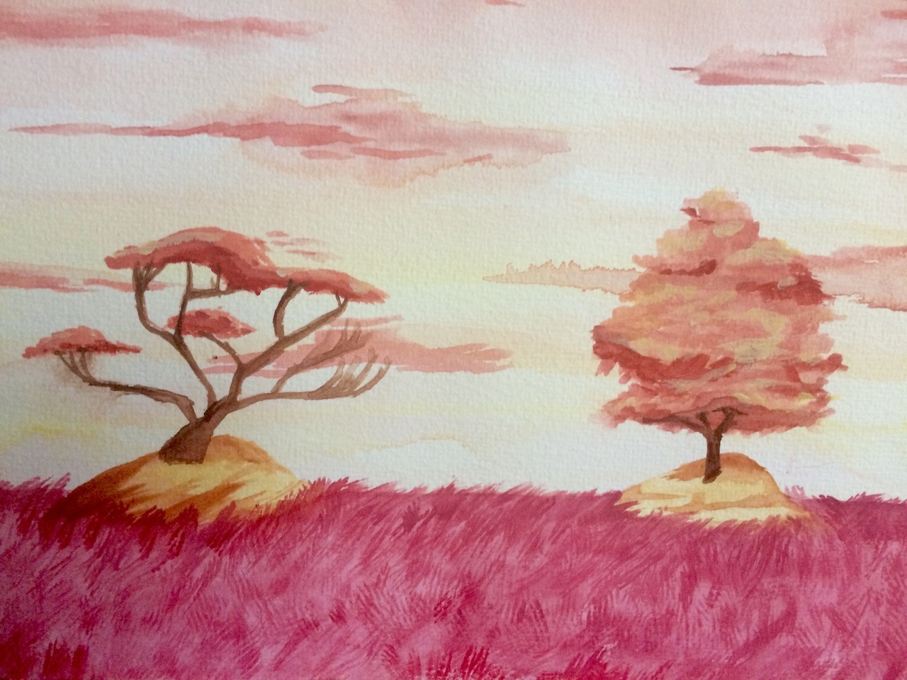Watercolor painting of the space inside Lion's mane in Steven Universe. Depicts two pink trees among a field of pink grass.